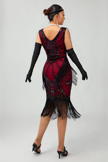 Robe à franges noires et rouges à paillettes des années 1920 avec ensemble d’accessoires 5 pièces